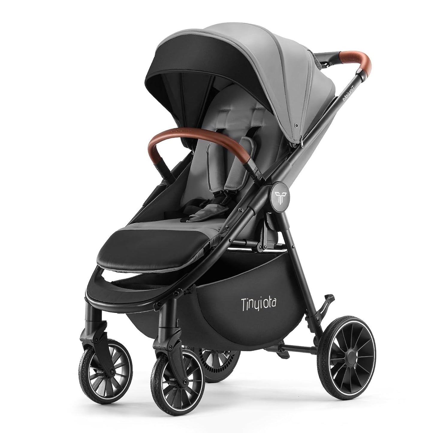 Tinyiota Baby Stroller with UPF 50+ Canopy, One-Hand Fold, Leather Handle, Reclining Seat, Grey