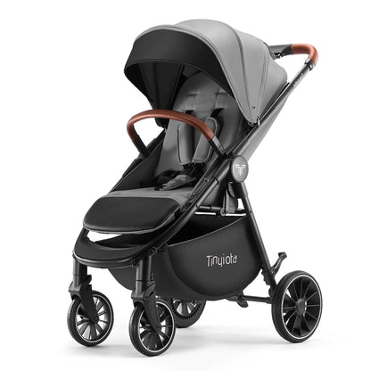 Tinyiota Baby Stroller with UPF 50+ Canopy, One-Hand Fold, Leather Handle, Reclining Seat, Grey
