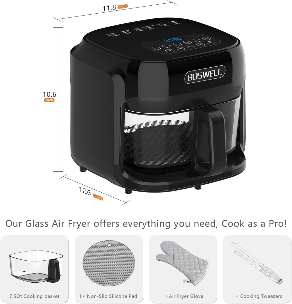 BOSWELL 7.5 QT Large Glass Air Fryer, 6-1 Preset Cook Modes | Transparent Fry Bowl, Black, Circulating Heating & Temperature Control, Steak, Fries, Bake...