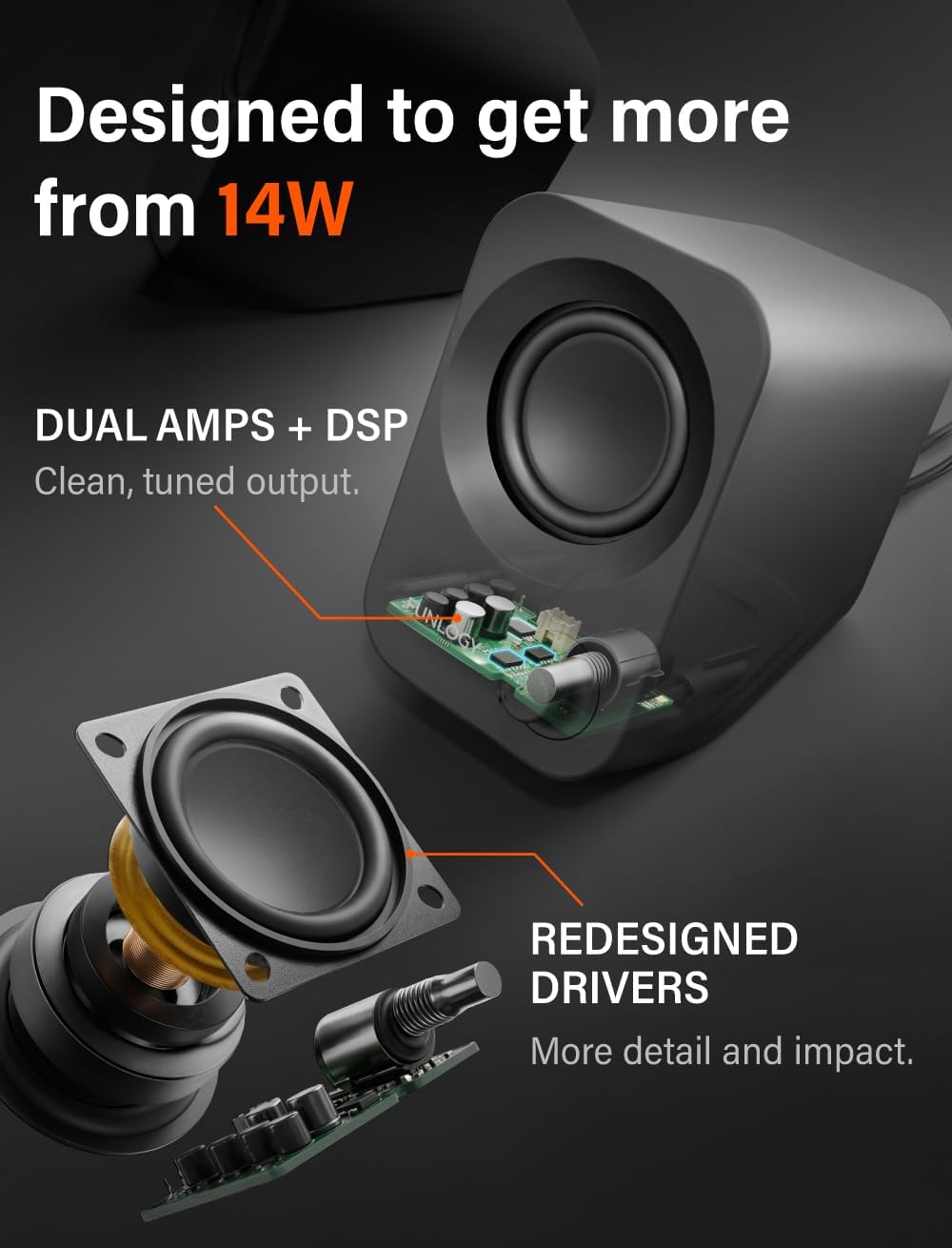 FUNLOGY Speaker Plus - 14W Stereo PC Speakers, Dual Amplifiers & DSP Tuned, USB-C Powered, 3.5mm AUX, Compact Desktop Speakers with 30° Tilt, for PC, Laptop, Monitor & Gaming,Black