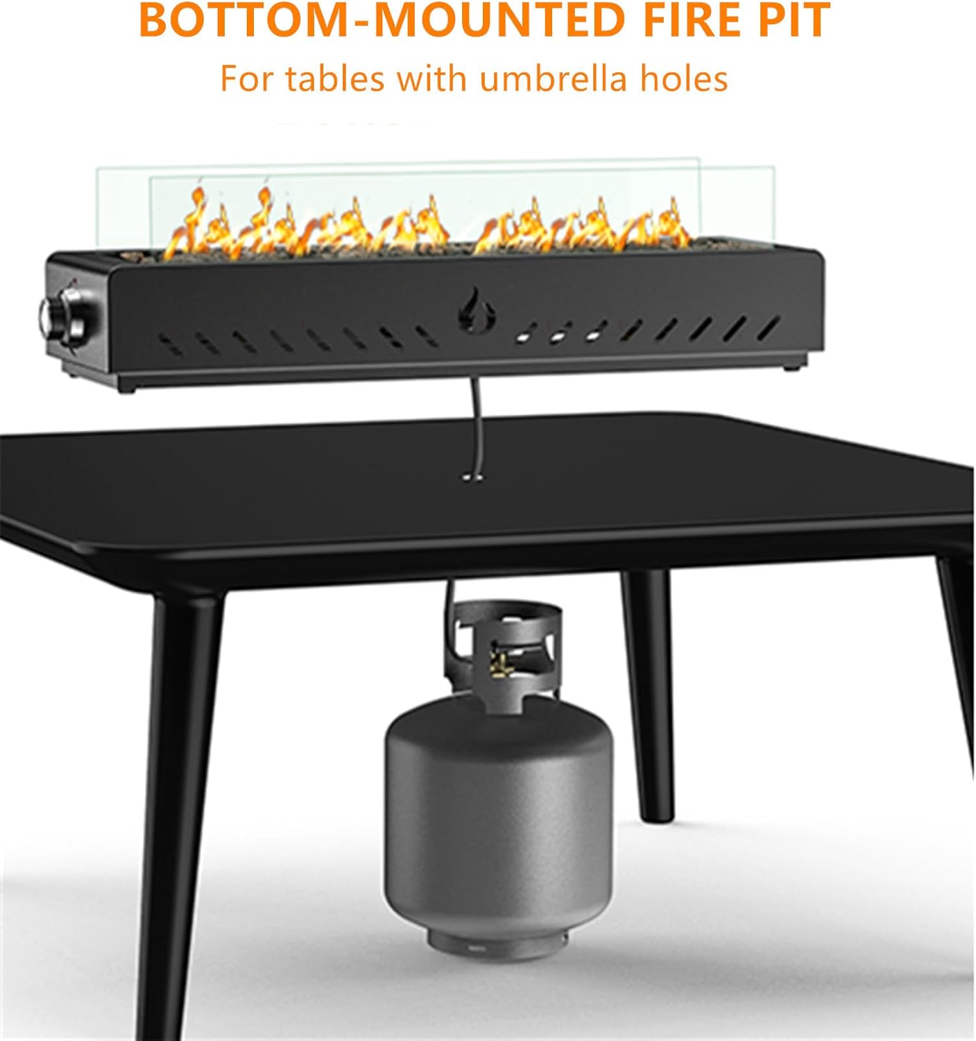 28" Gas Fire Pit Bottom-Mounted for Table with Umbrella Hole, FP044 Portable Smokeless Propane Fireplace with Lava Rock & Glass Shield for Outdoor Patio Backyard Camping RV Tailgating, 40000BTU