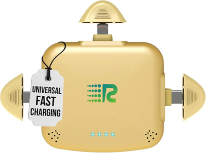 Rush Charge Universe Mini Power Bank Portable Charger Lightning USB-C Gold 3300mah, 2.4A, 3 in 1 Portable Charger Fast Charging Lightning, Type C, Micro-USB Pre-Charged Pass Through Charges 3 Devices