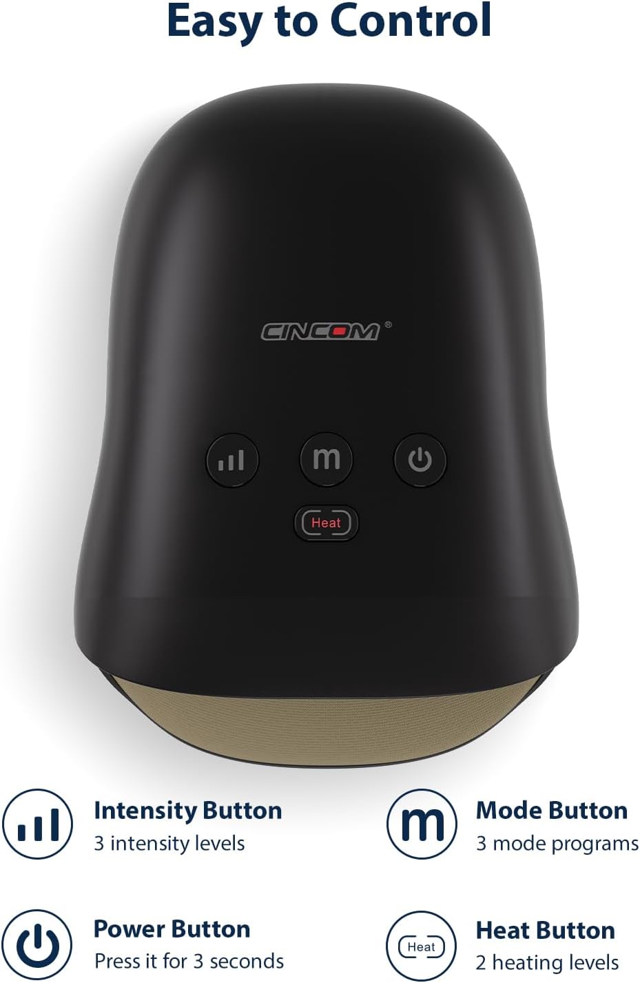 CINCOM Cordless Hand Massager with Heat and Air Compression, 3 Massage Modes, 3 Intensity Levels, Rechargeable 2500mAh Battery, Black