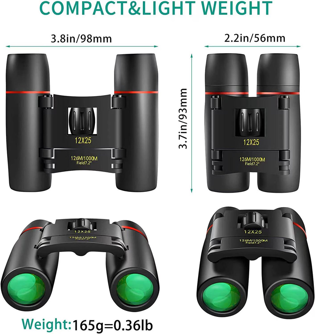 POLDR 12x25 Small Pocket Binoculars, Compact Lightweight Binoculars with BAK4 Prism, Fully Multi-Coated Optics, Waterproof Folding Binoculars for Adults & Kids