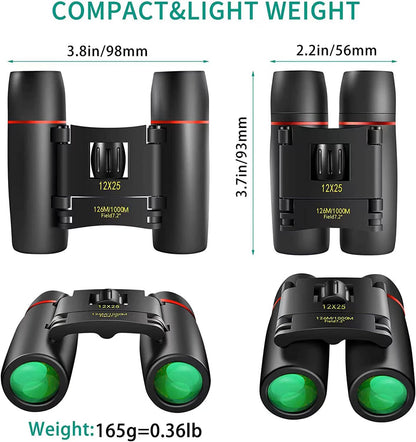 POLDR 12x25 Small Pocket Binoculars, Compact Lightweight Binoculars with BAK4 Prism, Fully Multi-Coated Optics, Waterproof Folding Binoculars for Adults & Kids