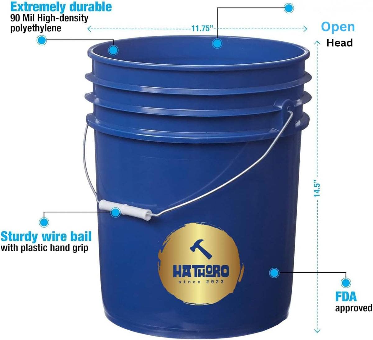 5 Gallon Food Grade Plastic Bucket, Open Head Pail with Handle, 12-3/8 in Diameter x 14-3/4 in Height (Blue, 6 Pack)