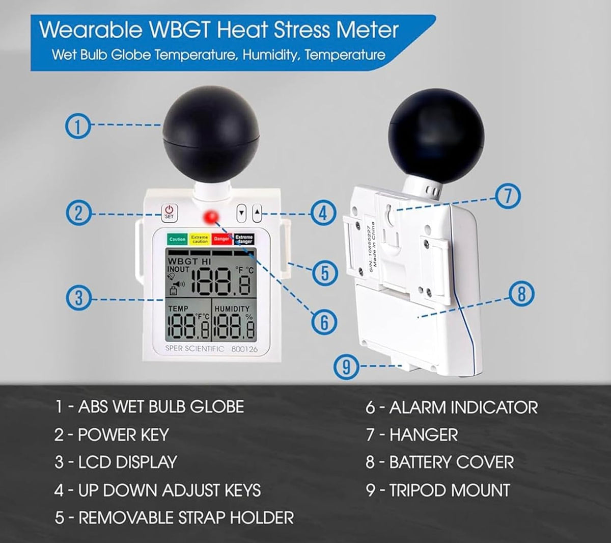 Sper Scientific 800126 Wearable Portable WBGT Heat Stress Monitor for Safety and Comfort with Dangerous Indicator Display