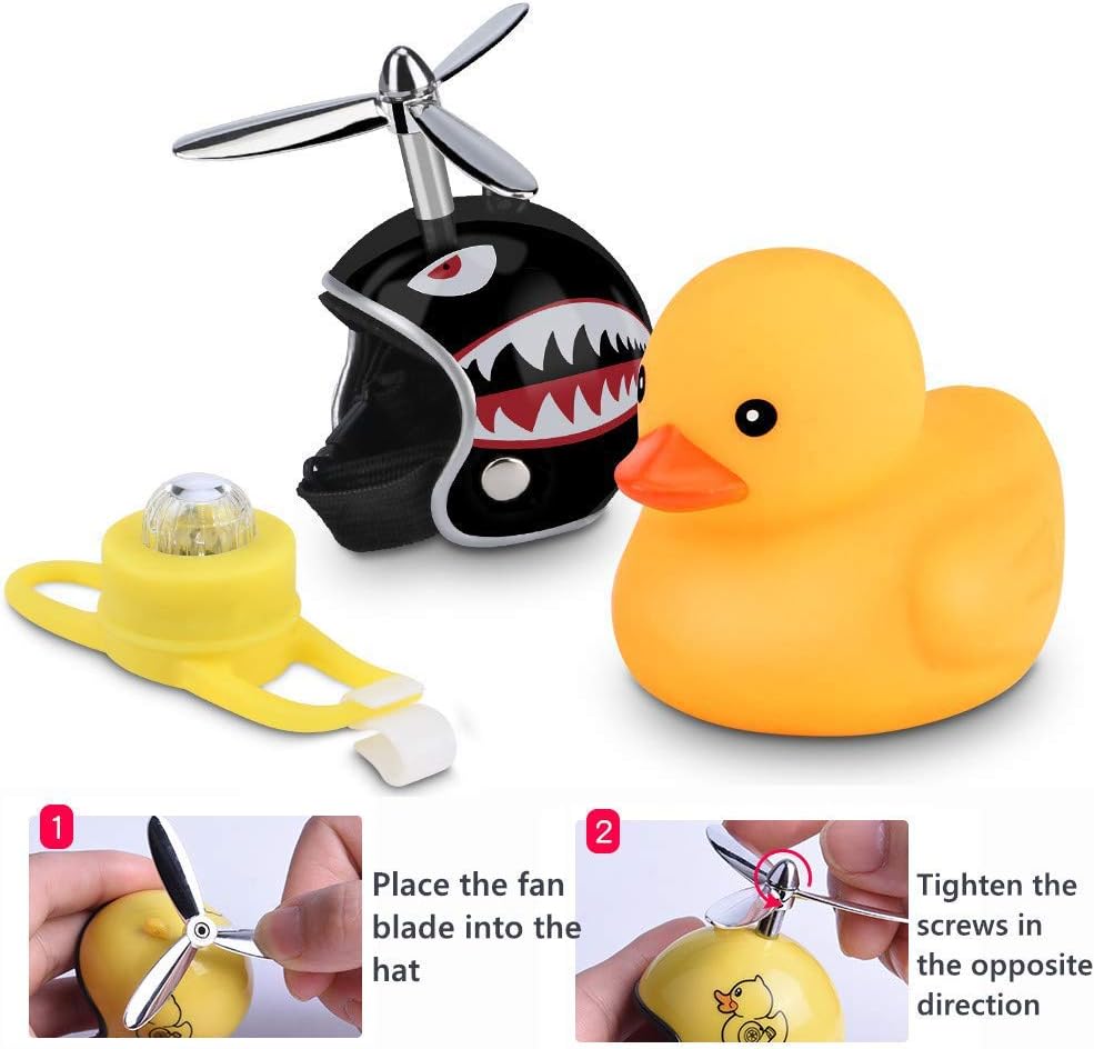 NEKRASH Duck Bike Bell with LED Light, Cute Rubber Duck Bicycle Horn for Kids & Adults, Propeller Handlebar Bell for Bikes, Scooters & Strollers, Shark