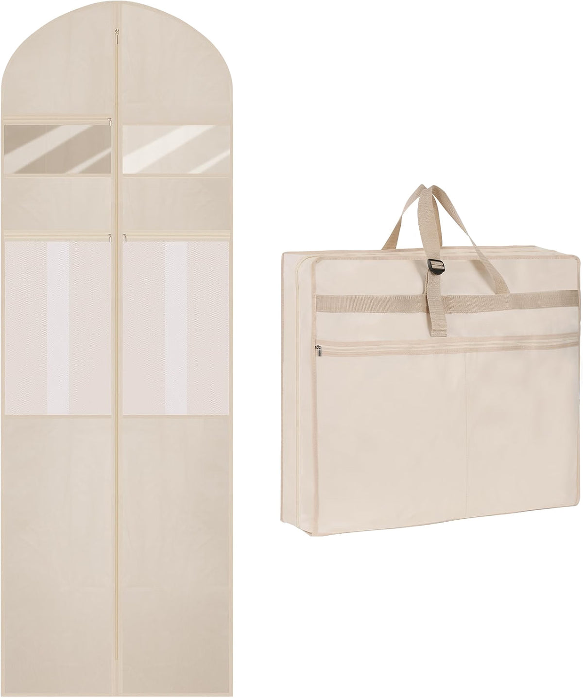 TANGKA Wedding Dress Garment Bag, 72-Inch Tri-Fold Bridal Gown Bag with 6 Pockets & 6 Accessory Pouches, Adjustable Buckle, Zippered Dress Storage Cover for Wedding, Prom & Travel, Beige