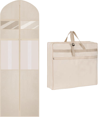 TANGKA Wedding Dress Garment Bag, 72-Inch Tri-Fold Bridal Gown Bag with 6 Pockets & 6 Accessory Pouches, Adjustable Buckle, Zippered Dress Storage Cover for Wedding, Prom & Travel, Beige