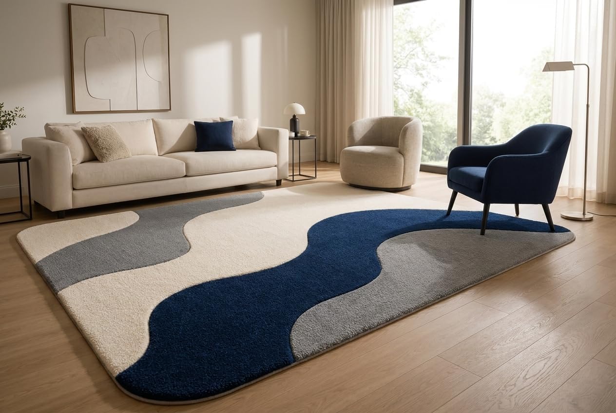 Hand Tufted Wool Area Rug 5x8 Ft Rectangular, Modern Abstract Wave Design Carpet, Navy Blue Grey & Ivory Contemporary Handmade Floor Rug for Living Room & Office
