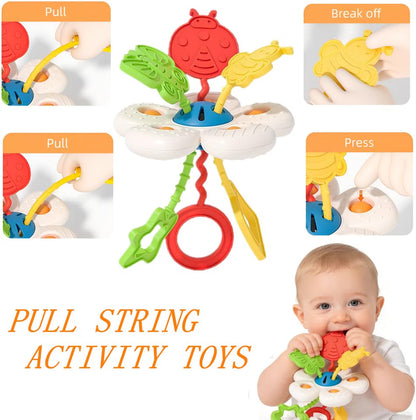 Etyat Montessori Baby Toys Set, 6-12 Months Sensory Toys with Silicone Pull String, Stacking Blocks, Cups, Tissue Box & Shape Sorter, Educational Infant Toddler Gift Set