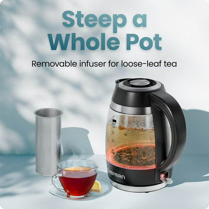 Chefman Fast-Boil 1.8L Electric Kettle with Removable Tea Infuser, 1500W Rapid Boil, Borosilicate Glass, 360° Swivel Base, Blue LED, Automatic Shutoff
