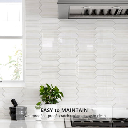 Vamos Tile Glossy Dolomite White Backsplash Tile Peel and Stick, 12.8 x 12.8 Inch 10 Sheets Long Hexagon PVC Self Adhesive Mosaic Wall Tiles Stick on Backsplash for Kitchen and Bathroom