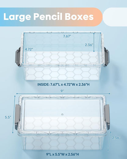 BiuLeon 8-Pack Large Pencil Box Set, Clear Plastic Pencil Cases with Snap-Tight Lids, Stackable Marker & Crayon Organizer Boxes for School, Office, Art & Craft Supplies, Grey