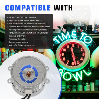 A43RA/I43RA Synchron Clock Motor 110V Fit for C Style Hansen Movements, Haydon Glo-Dial E100-AH, Vintage Cleveland Neon Wall Clocks, CW 10T 1RPM 60HZ 3W, 4 Mount Tabs, Round Shape