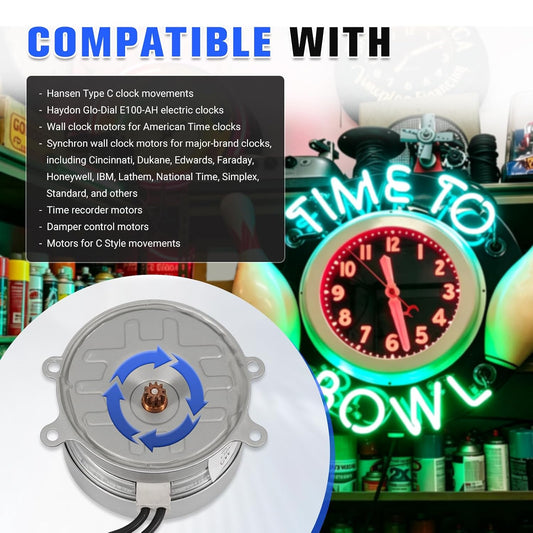 A43RA/I43RA Synchron Clock Motor 110V Fit for C Style Hansen Movements, Haydon Glo-Dial E100-AH, Vintage Cleveland Neon Wall Clocks, CW 10T 1RPM 60HZ 3W, 4 Mount Tabs, Round Shape