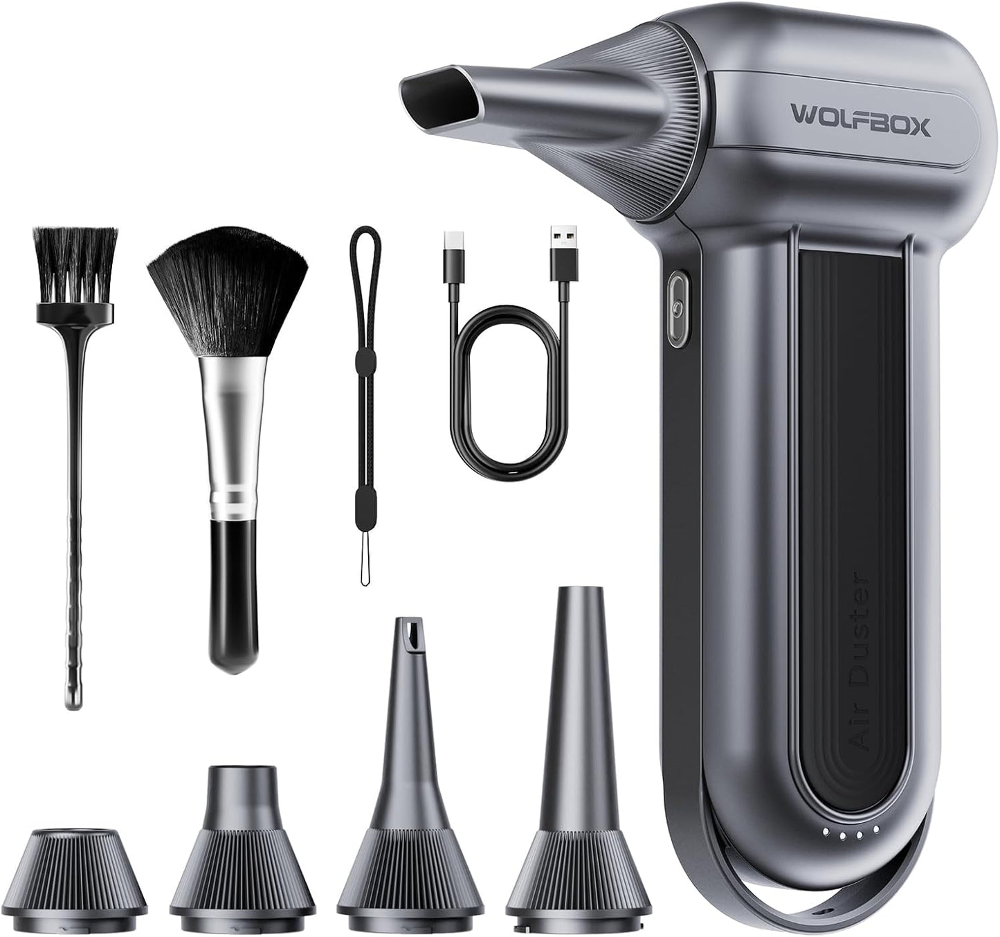WOLFBOX MF100 Compressed Air Duster, 150000RPM Turbo Fan, 45 m/s Airflow 3-Gear Adjustable Speed, Type-C Fast Charging, Lightweight 0.66 lb, 5 Nozzles & 2 Brushes, For Computer Keyboard Car Outdoor