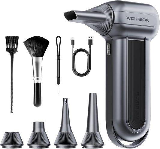 WOLFBOX MF100 Compressed Air Duster, 150000RPM Turbo Fan, 45 m/s Airflow 3-Gear Adjustable Speed, Type-C Fast Charging, Lightweight 0.66 lb, 5 Nozzles & 2 Brushes, For Computer Keyboard Car Outdoor