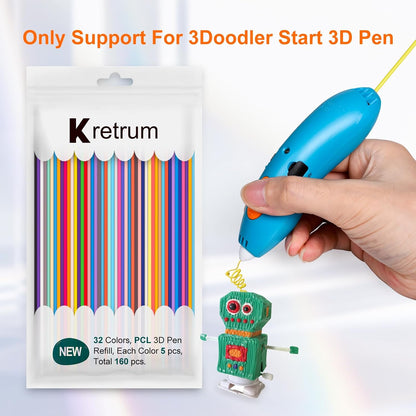 Kretrum 32-Color 3D Pen Refills for 3Doodler Start+, 160-Piece PCL Filament Pack, 2.5mm Low-Temperature Filament, 15cm Strands with Glow-in-the-Dark Colors