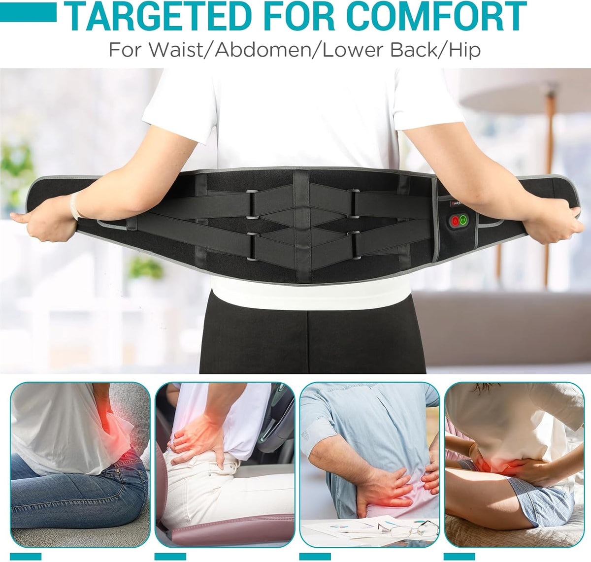 Comfytemp Cordless Heating Pad with Massager for Back, Portable Heated Belt with 3 Heat Levels and 3 Vibration Modes, 5000mAh Rechargeable Battery, Up to 58-Inch Waist, Black