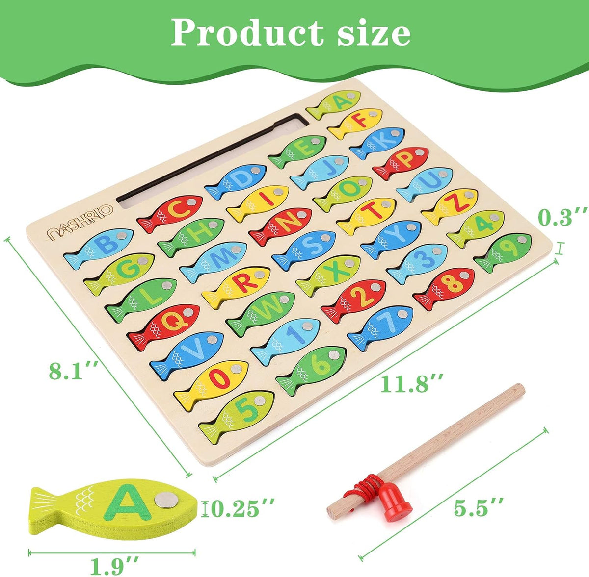 NASHRIO Magnetic Wooden Fishing Game for Kids, Alphabet & Number Fish Catching Puzzle, Wooden Preschool Learning Toy for Ages 3–5, ABC Math & Counting Educational Game