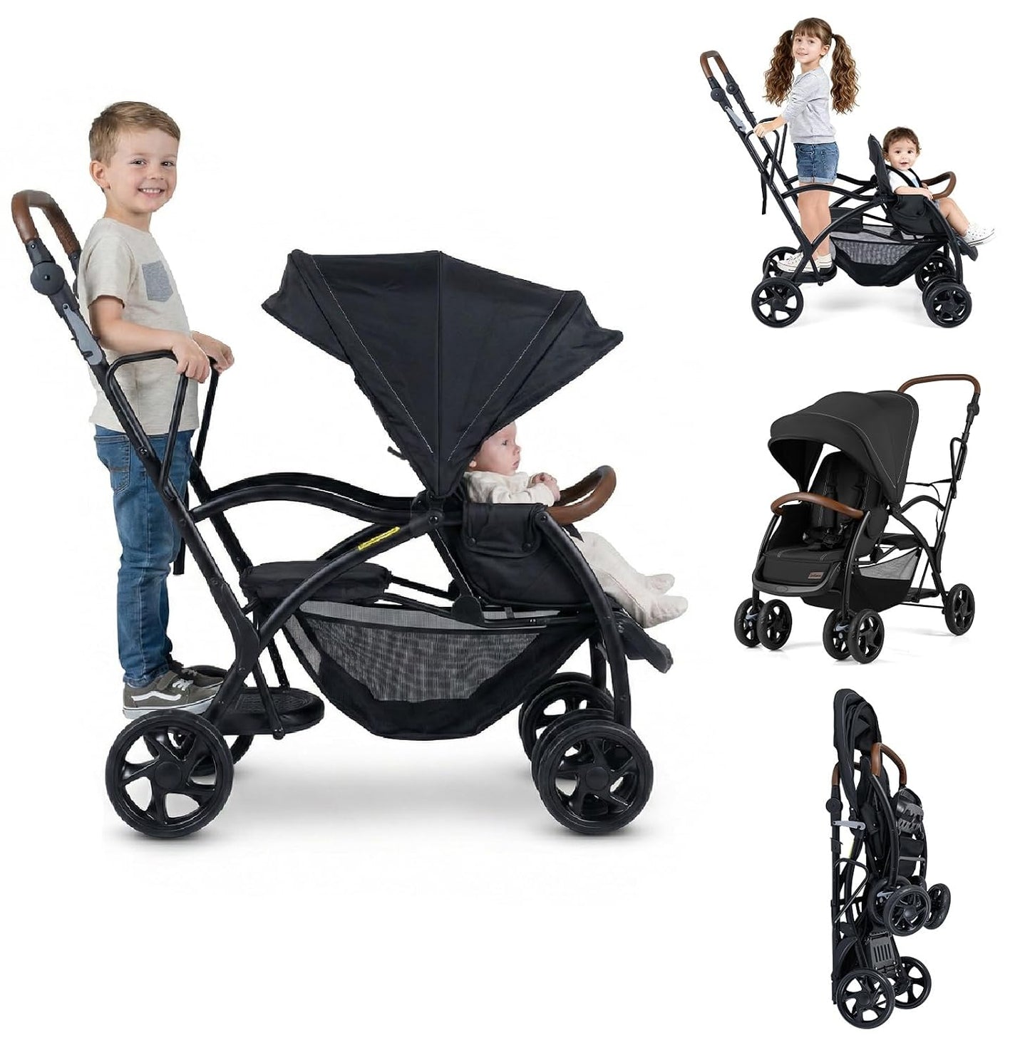 INFANS Sit and Stand Double Stroller, Foldable Tandem with Standing Platform, Black