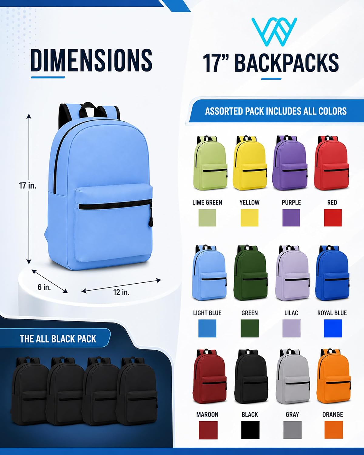 Winterlace 48-Pack Backpacks, 17-Inch Bulk School & Travel Bags, Dual Zipper Compartments with Padded Adjustable Straps, Assorted Colors