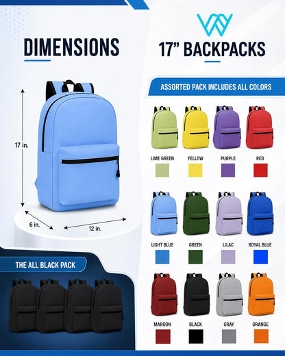 Winterlace 48-Pack Backpacks, 17-Inch Bulk School & Travel Bags, Dual Zipper Compartments with Padded Adjustable Straps, Assorted Colors