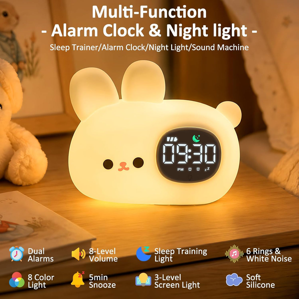 Aokpsrt Bunny Kids Alarm Clock with Night Light, OK to Wake Toddler Sleep Training Clock, Dual Alarm, White Noise, Multicolor Night Light, White