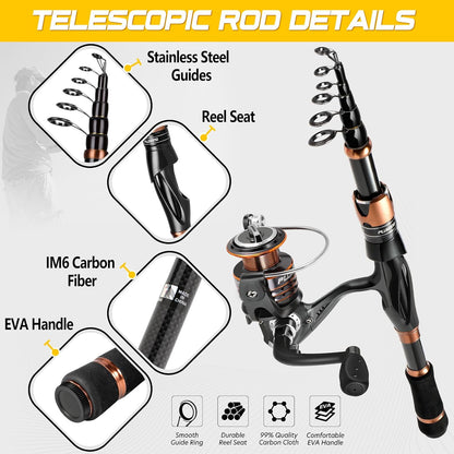 PLUSINNO Bronze Warrior Fishing Rod and Reel Combo, 5.91FT IM6 Carbon Fiber Telescopic Fishing Rod with 12+1 Bearing Spinning Reel, Travel Freshwater Fishing Gear