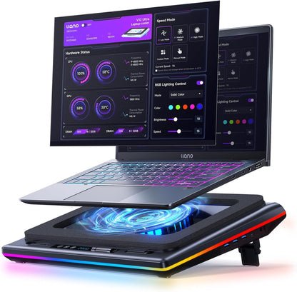 llano V12 Ultra Laptop Cooling Pad with Smart Software Control Laptop Fan Laptop Stand RGB, 5.5" Turbo Fan, Adjustable Speed, 3-Port USB 3.0 Hub, 3 Height Stands, for 15.6"-19" Gaming Laptops, Black