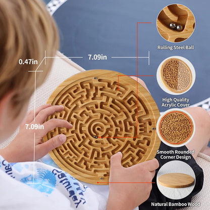 CHILLKITYPET Round Wooden Labyrinth Board Game, Wooden Marble Maze with Two Metal Balls, Brain Teaser Puzzle for Kids, Teens & Adults, Portable Tabletop Activity Game