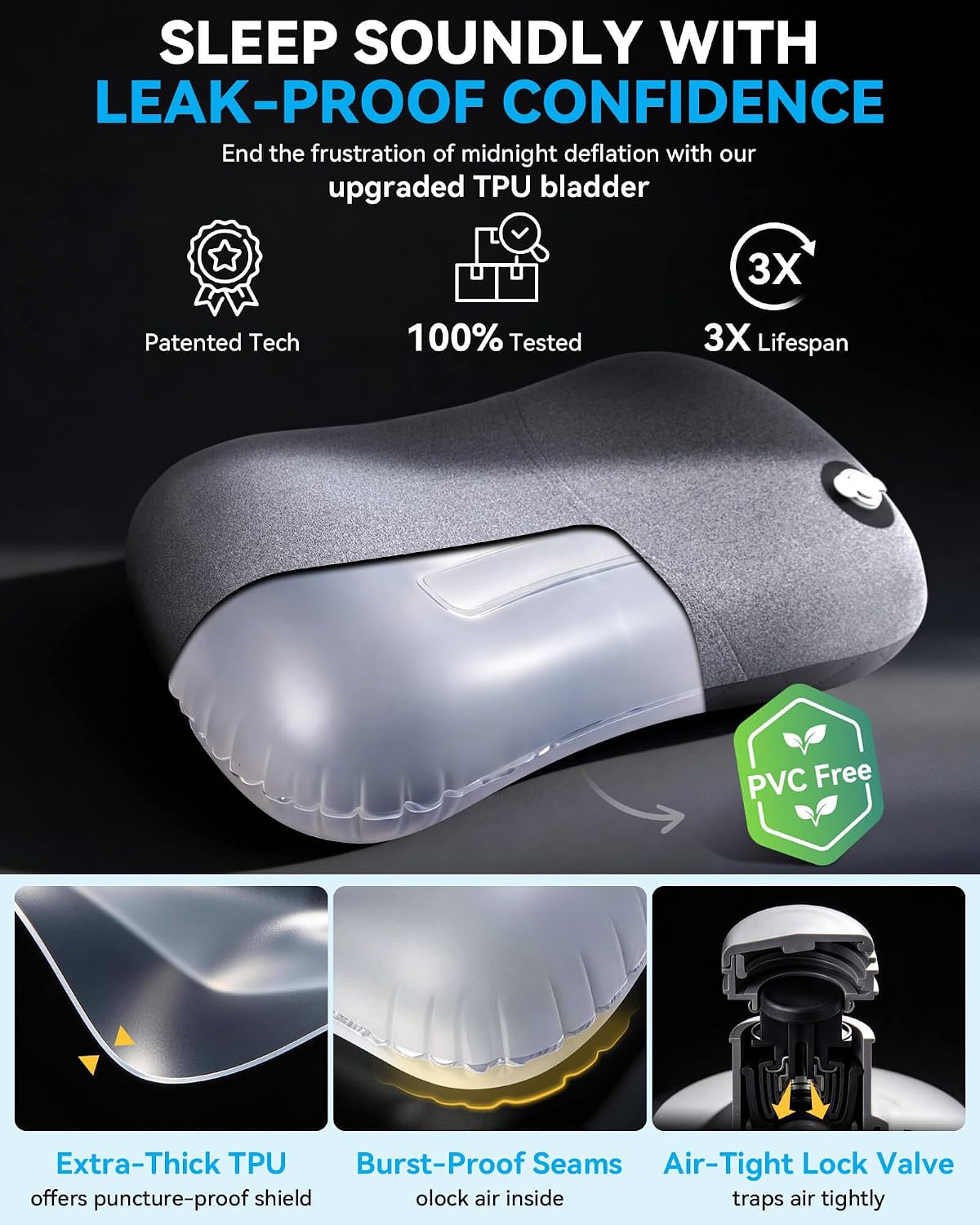 Hikenture Camping Pillow with Removable Cover, Ultralight Inflatable Pillow Ergonomic Neck Lumber Support, Upgrade Leakproof Backpacking Pillow, Portable Packable for Hiking, Beach, Travel
