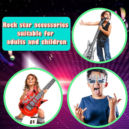 NICOWARM Rock Star Party Sunglasses & Inflatable Props Set, 8 Funny Music Glasses, 8 Inflatable Guitars & 8 Microphones with Hand Inflator, 24-Piece Rock and Roll Party Kit