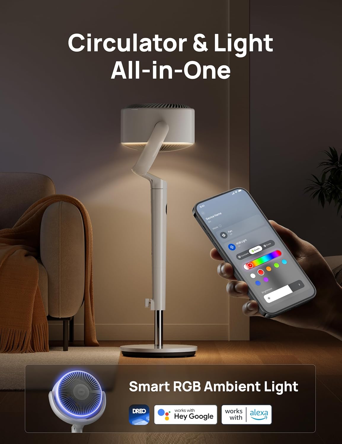 DREO Smart Fan for Bedroom, 120° +120° Omni-Directional Oscillating Fans, 100ft Quiet Pedestal Fan with RGB Light, 9 Speeds, 6 Modes, 8H Timer, Wi-Fi/Voice/Alexa, 35-40" Floor Fans with Remote