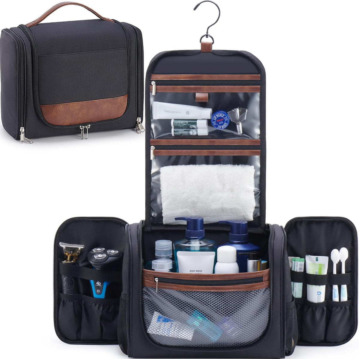 Ralnitote Toiletry Bag for Men, Large Hanging Travel Toiletry Bag, Black Shower & Hygiene Bag with Hook, Multiple Compartments for Shaving, Grooming & Bathroom Essentials, Ideal for Business & Trips