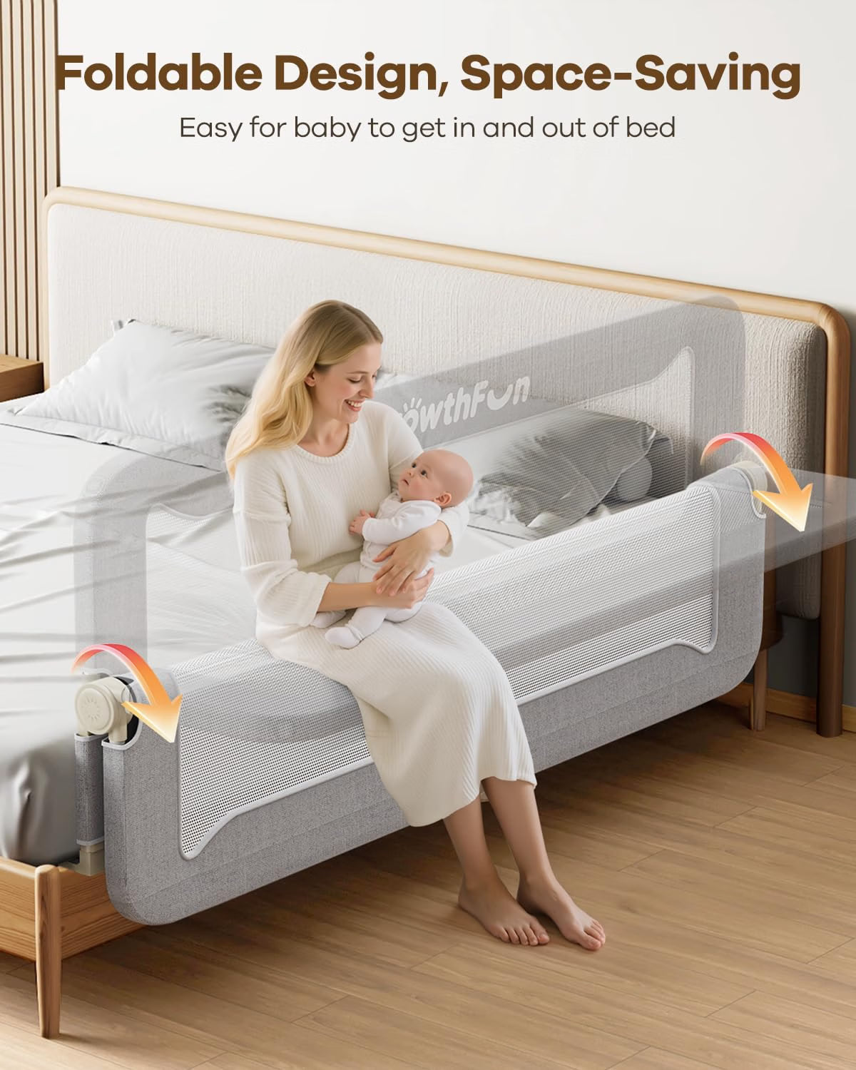 GrowthFun Foldable Bed Rail for Toddlers, 71-Inch Reinforced Carbon Steel Bed Guard with Breathable Oxford Mesh, Adjustable Safety Rail for Twin, Full, Queen & King Beds, Grey