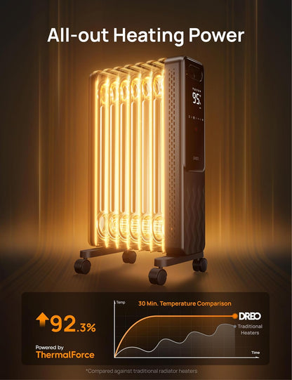 DREO Oil Filled Radiator Heater, Electric Heaters for indoor use Large Room Quiet, Digital Thermostat, ECO, Remote Control, 4 Modes, Child Lock, Overheat & Tip-Over Protection, 24h Timer, 1500W, Grey