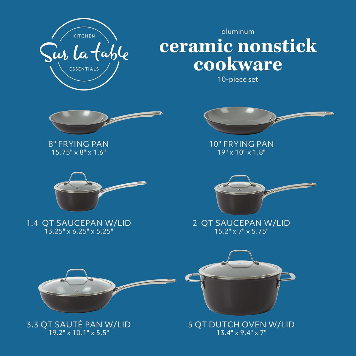 Sur La Table Kitchen Essentials 10 Piece PFA Free Titanium Ceramic Nonstick Interior Forged Aluminum Cookware Pots and Pans Set - Black - Induction Compatible