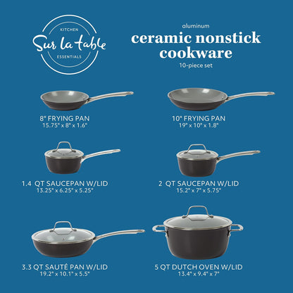 Sur La Table Kitchen Essentials 10 Piece PFA Free Titanium Ceramic Nonstick Interior Forged Aluminum Cookware Pots and Pans Set - Black - Induction Compatible
