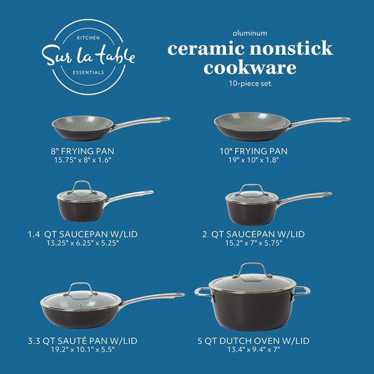 Sur La Table Kitchen Essentials 10 Piece PFA Free Titanium Ceramic Nonstick Interior Forged Aluminum Cookware Pots and Pans Set - Black - Induction Compatible