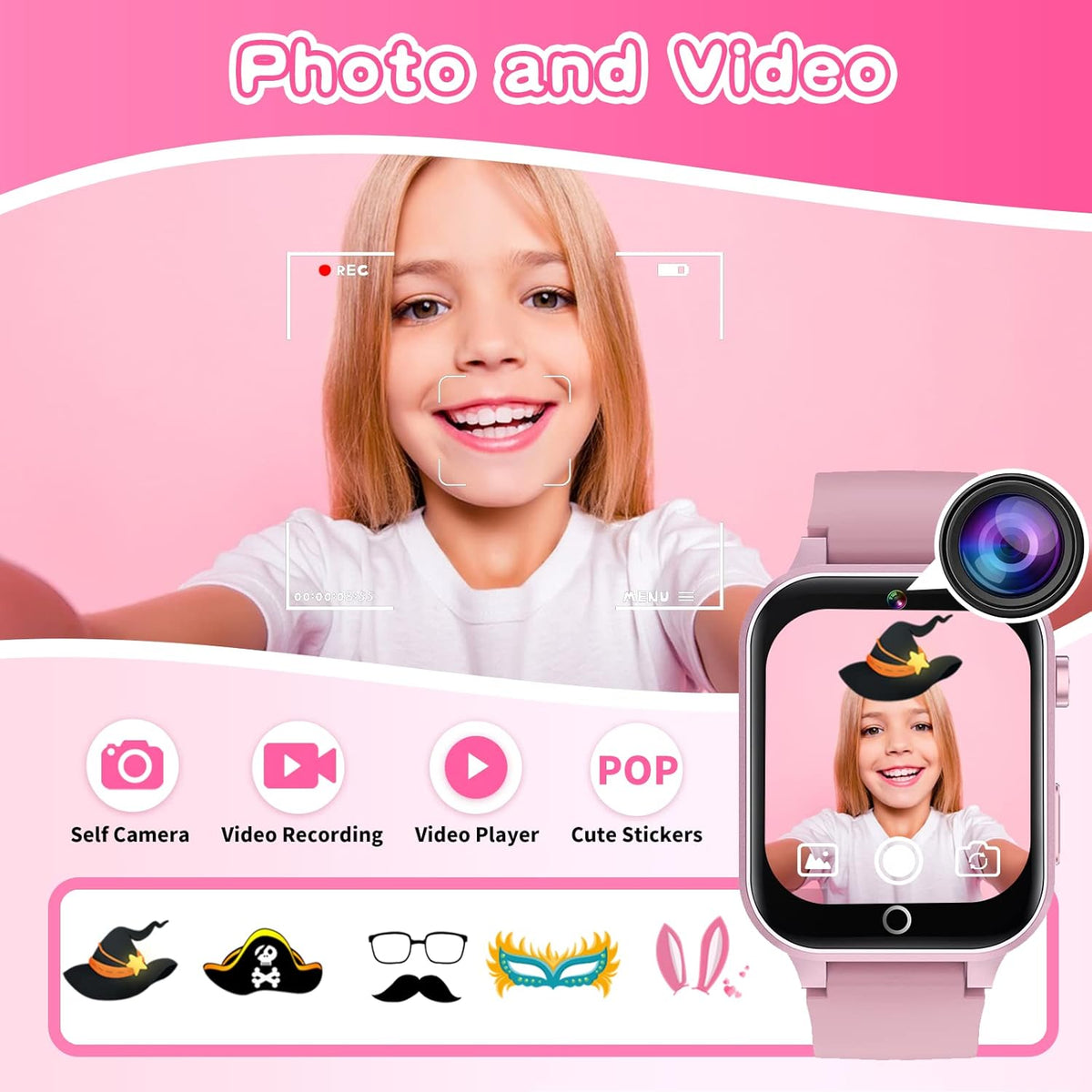 Cosjoype D07 Kids Smart Watch for Girls Ages 5-12, 39 Games, HD Touch Screen, Camera, Music Player, Pedometer, Flashlight, Habit Tracking, Pink