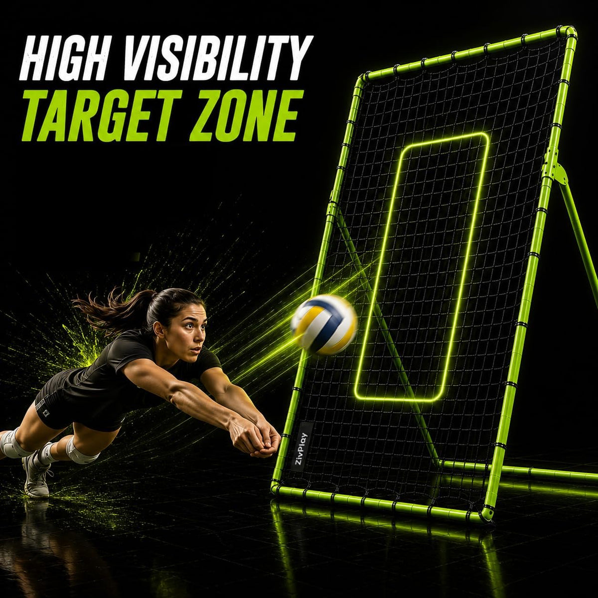 ZivPlay Volleyball Rebounder Net, 7 x 4 Ft Bounce Back Training Equipment with 5 Adjustable Angles, 28 Bungee Cords, Neon Target Strap & Ground Stakes