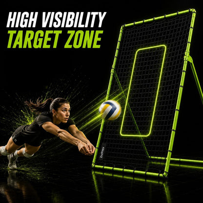 ZivPlay Volleyball Rebounder Net, 7 x 4 Ft Bounce Back Training Equipment with 5 Adjustable Angles, 28 Bungee Cords, Neon Target Strap & Ground Stakes