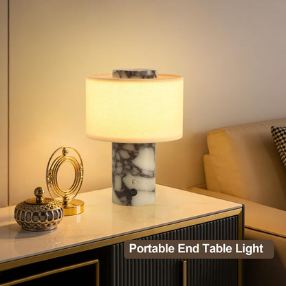 HyperionFlo Essentials Calacatta Viola Stone Cordless Table Lamp, Rechargeable 4000mAh LED Touch Lamp, 3 Color Temperatures, Dimmable, Off-White Linen Shade