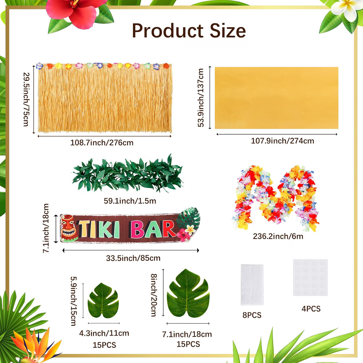 Auihiay 50-Piece Tiki Bar Hut Kit, Hawaiian Luau Party Decorations with Tiki Bar Roof, Banner, Flower Garland, Palm Leaves, Table Skirt & Tablecloth, Yellow