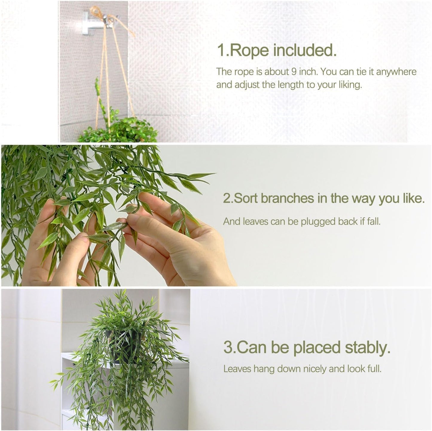 3 Packs Fake Hanging Plants with Black Pots for Wall Decor