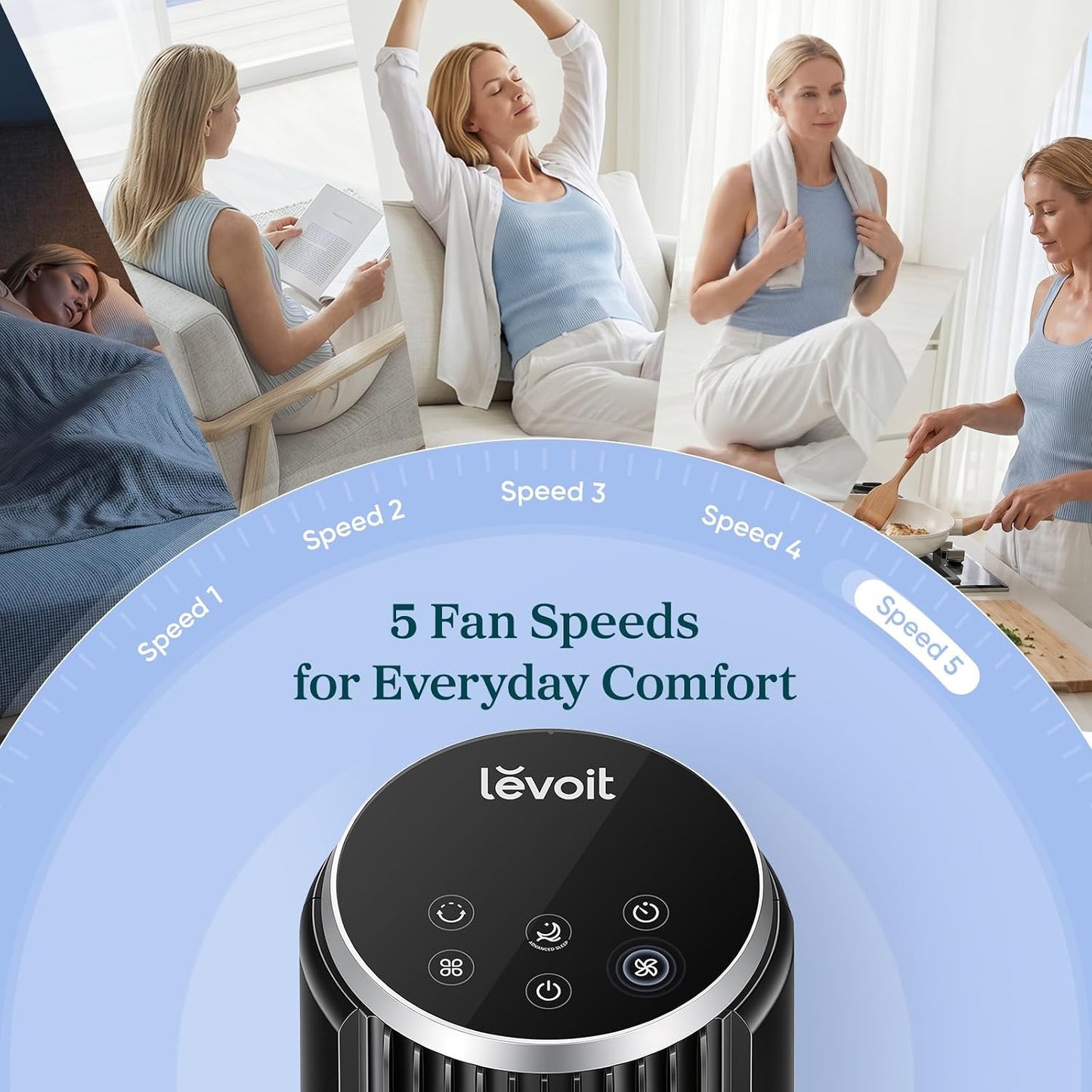 Levoit Tower Fan for Bedroom, 28ft/s Fans that Blow Cold Air, 28dB Quiet Standing Floor Fan for Room, 90° Oscillating, 5 Speeds 4 Modes & Temp Sensor, Bladeless, 12H Timer, Remote, 36 inch, White