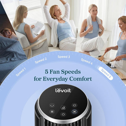 Levoit Tower Fan for Bedroom, 28ft/s Fans that Blow Cold Air, 28dB Quiet Standing Floor Fan for Room, 90° Oscillating, 5 Speeds 4 Modes & Temp Sensor, Bladeless, 12H Timer, Remote, 36 inch, White